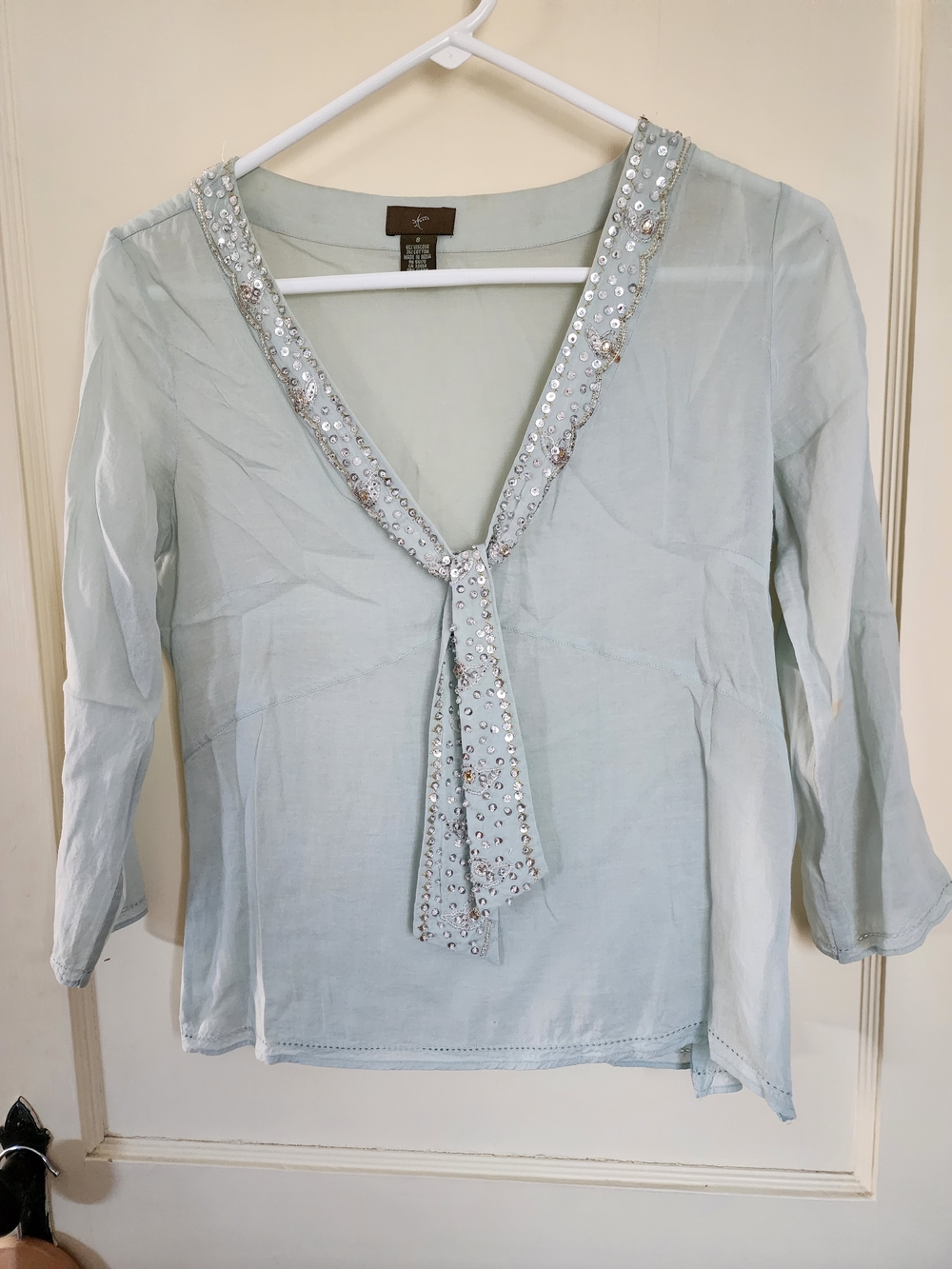 Anthropologie Pale Aqua Sequin Tie-Neck Blouse